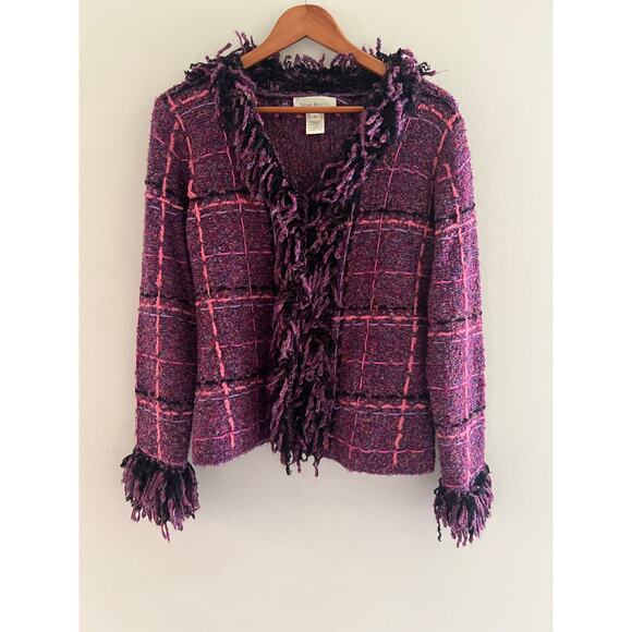 Susan Bristol Afghan Cardigan Jacket Purple Pink Plaid w Fringe Collar Small JL - Picture 1 of 8